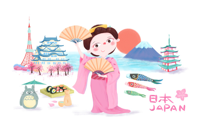 欢乐节日日本樱花卡通插画素材