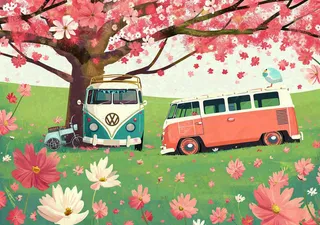 清新可爱春日郊游旅行房车粉绿蜡笔插画手绘草坪，惊蛰春分