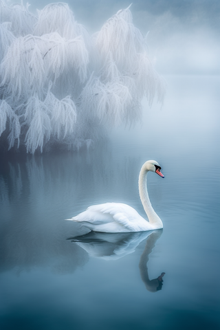 冬季雪景湖面游的天鹅摄影图