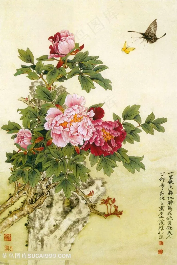 国画牡丹假山