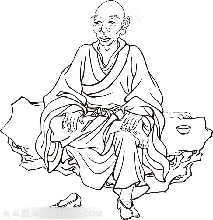 脱了一只鞋子的僧人手绘线描108罗汉矢量PNG绘画图片