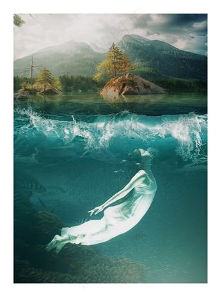 水下, 幻想, 哥特, 梦, 海, 岛, 波浪