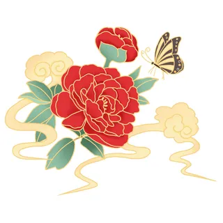 国潮风立体浮雕金边手绘花朵花卉PSD设计PNG免扣图片元素素材