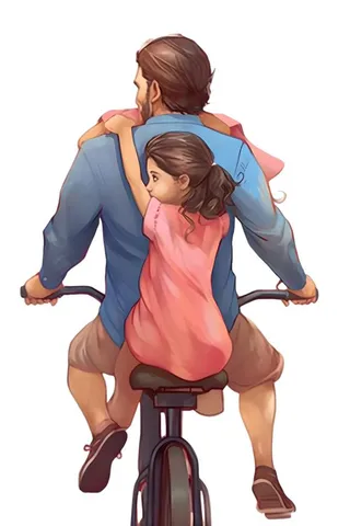 大人父亲骑自行车载着孩子免抠