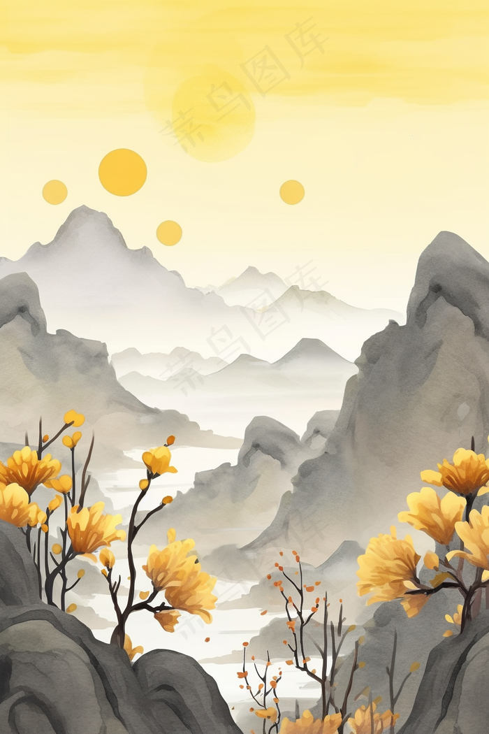 秋日山水黄花中国风重阳插画背景(x)