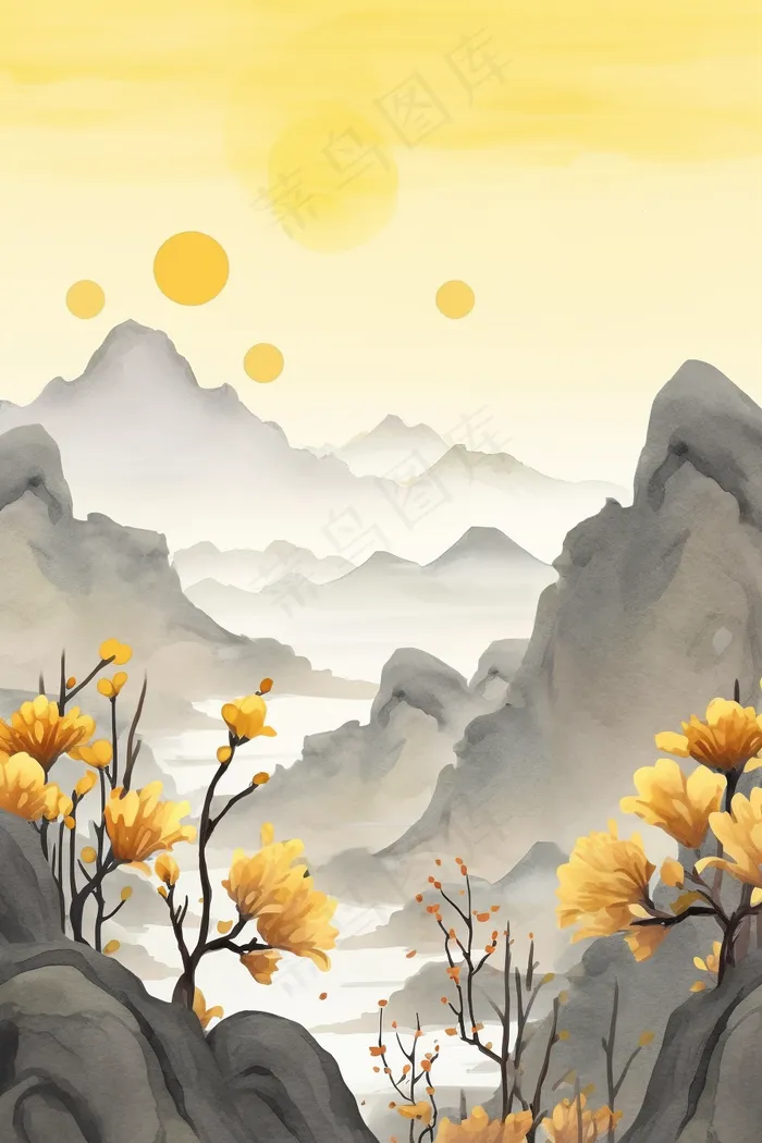 秋日山水黄花中国风重阳插画背景(x)