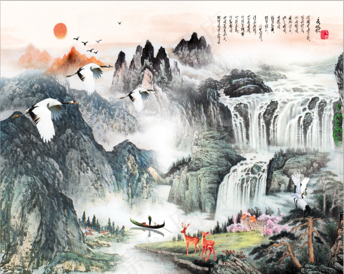 中国风简笔画山水花鸟高山流水梅花丹顶鹤客厅卧室走廊装饰画玄关画壁画图画