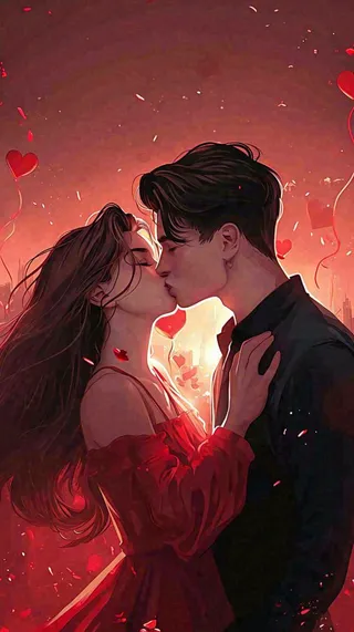 情人节情侣爱情红色爱心玫瑰，亲吻520心形