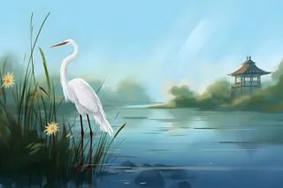 国风芦苇白鹭清新背景