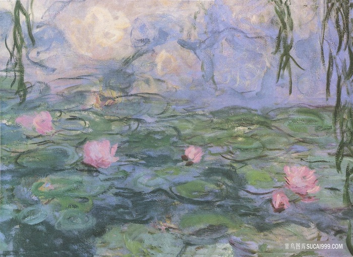 莲花荷叶柳条油画风景画