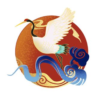 中国风国潮仙鹤山水插画手绘元素场景PSD设计素材