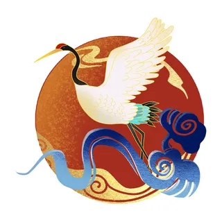 中国风国潮仙鹤山水插画手绘元素场景PSD设计素材