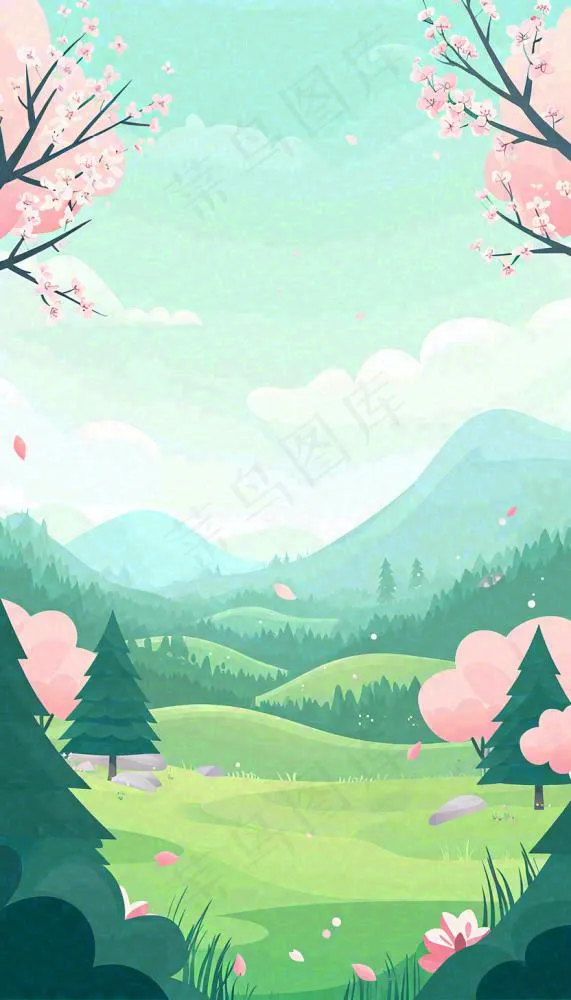春天卡通手绘绿色的山景和开满粉红色画的树，春游，踏青，春分(832x1456)