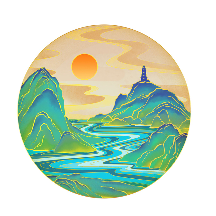 中国风国潮山水插画祥云中式手绘烫金线条元素png装饰背景PSD素材