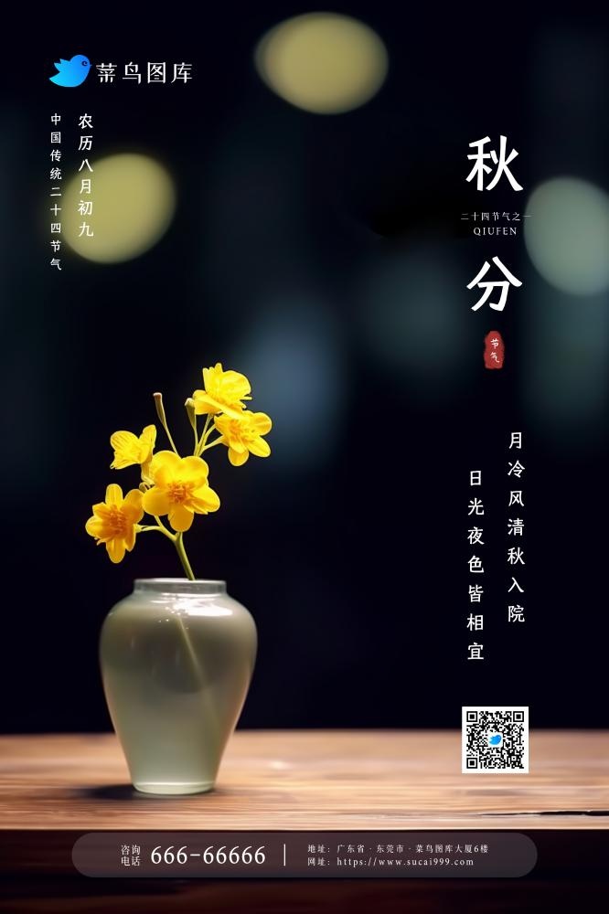 秋分简约淡雅花瓶花朵古典节气海报(2362x3543)psd模版下载