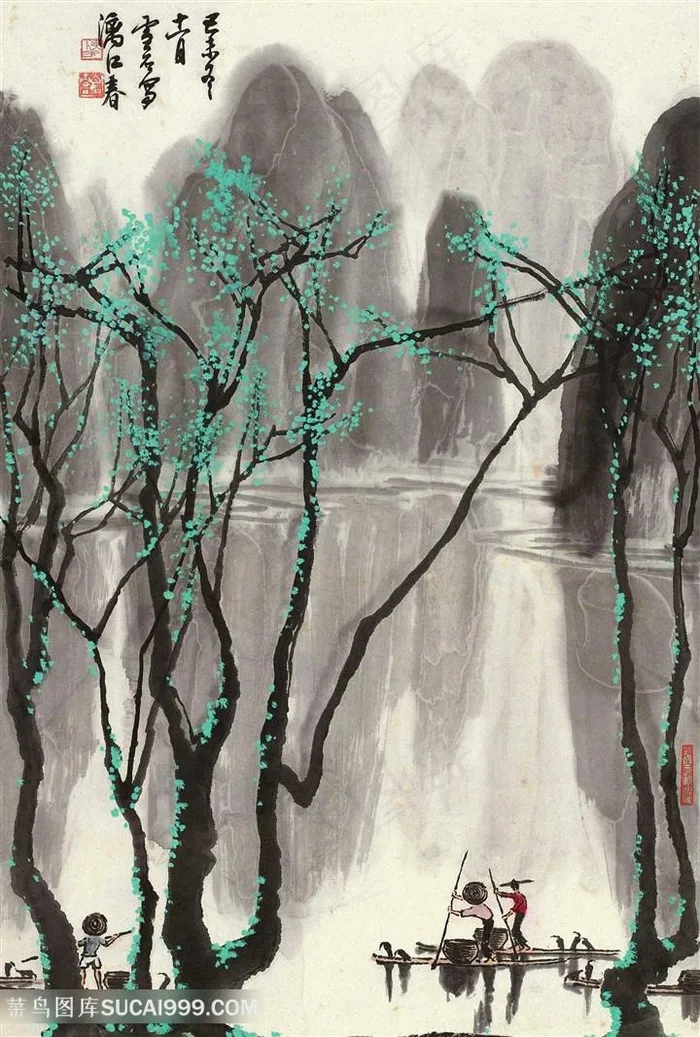 白雪石水墨山脉木船艺术风景画