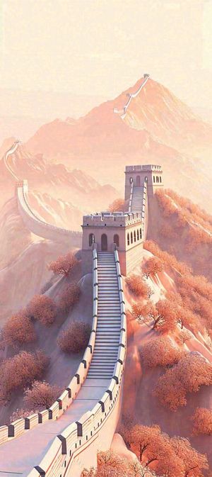 万里长城古风中国风古代建筑落日晚霞插画