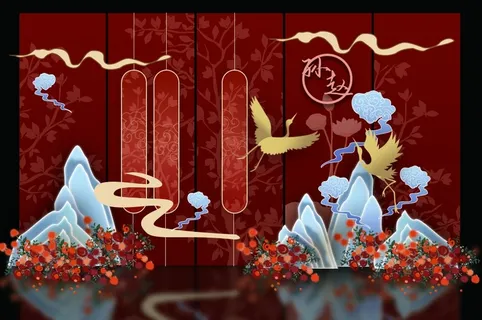 红色新中式山水传统婚礼迎宾区效果图