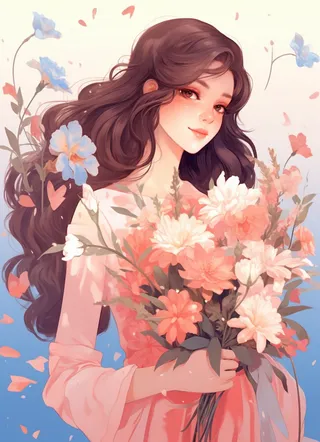 美丽少女抱着大捧粉色鲜花卡通插画