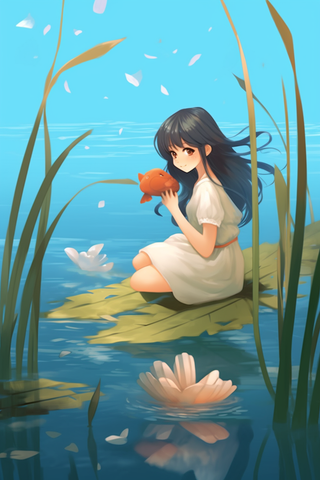 少女坐着湖中叶子上玩耍蓝色背景卡通插画