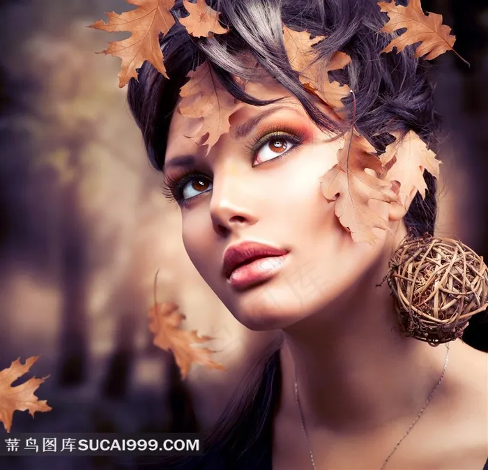梧桐叶装饰发型的美女写真摄影高清图片