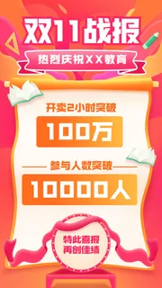 双十一教育机构销售业绩战报喜报大字手机海报