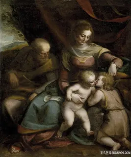 老人母子风景画油画