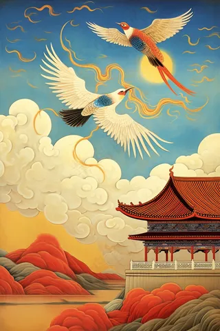 古风插画鹤鸟阁楼凉亭假山插画素材