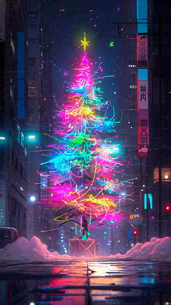 炫酷圣诞彩色缤纷圣诞树节日，夜晚街道建筑，暗黑