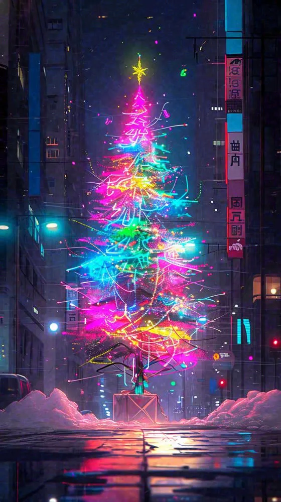 炫酷圣诞彩色缤纷圣诞树节日，夜晚街道建筑，暗黑(816x1456)