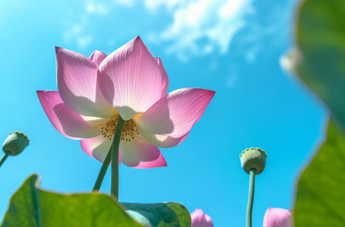 绿叶蓝天莲花，佳能 eos 5d mark iv 风格，超高清图像，蓝绿色和粉红色，中国朋克，超现实主义摄影图(5440x3584)