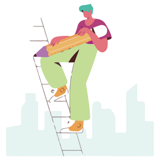 一位登上楼梯准备画画的画家插画