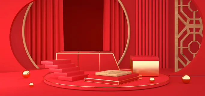 中国风国潮电商促销海报C4D背景图3D场景立体设计PSD素材模板