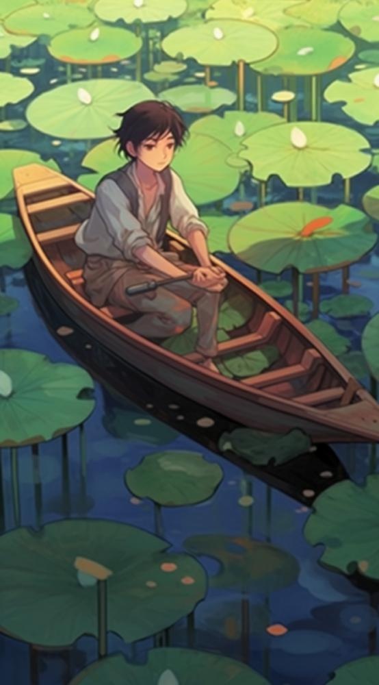 荷花荷叶池里划船的少年绿色插画背景