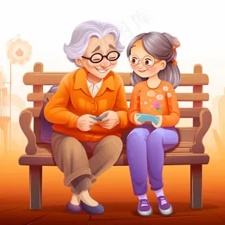 老人孩子陪伴温馨秋重阳节插画素材