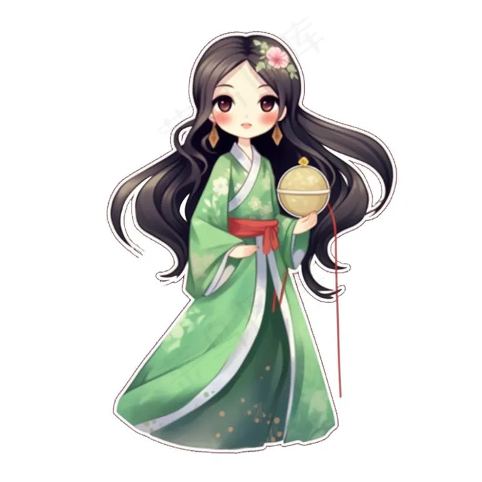 古风少女绿衣裙插画免抠(1024x1024)