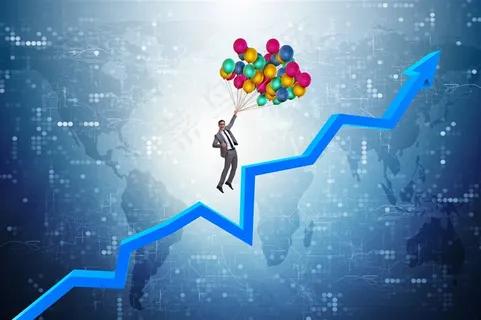 科技背景上漂浮的箭头曲线和拿着彩色气球的商务人士高清图片