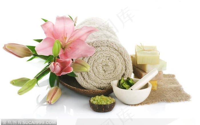 SPA美容静物用品--百合花 毛巾和香料