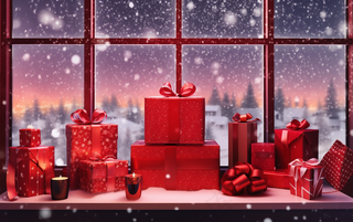 圣诞装饰喜庆礼物红色窗外下雪摄影图