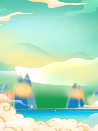 中国风国潮风山水祥云插画图案首页装修海报背景PSD设计模板素材