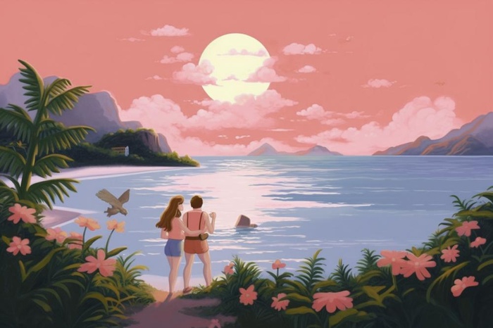落日粉色自驾车旅行可爱插画背景(1344x896)