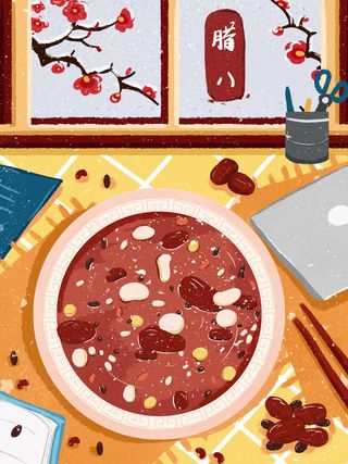 中国传统节日手绘卡通腊八节腊八粥插画海报PSD格式设计素材