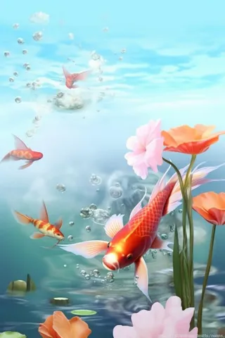 简约金鱼粉色花水花背景