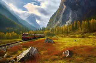 穿梭在雪山森林草甸的火车摄影图