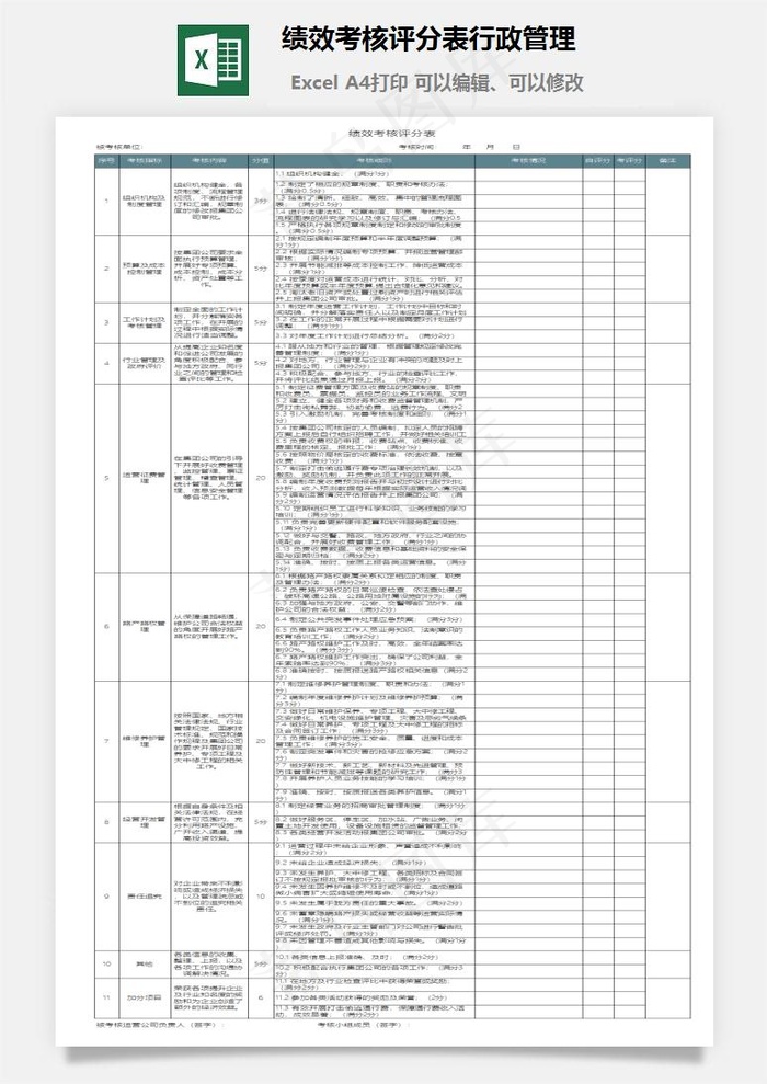 绩效考核评分表行政管理