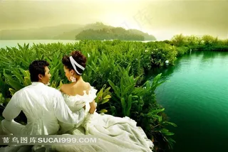 湖边草丛婚纱艺术摄影