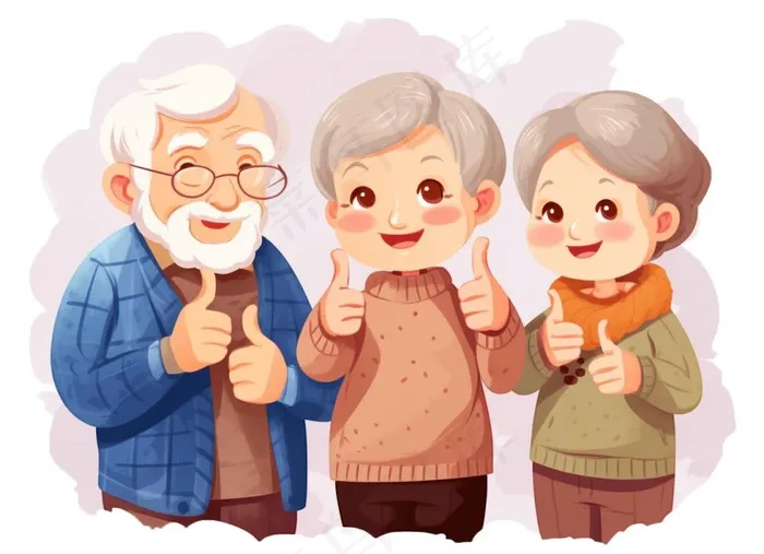 老人合照团聚卡通插画免抠(1280x928)