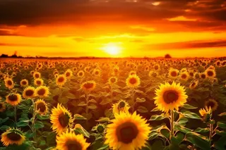 一片向日葵田，里面有漂亮的日落景象摄影图壁纸