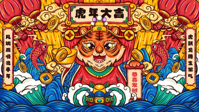 虎年中国风萌虎插画psd模版下载