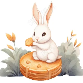 白兔月饼可爱水彩插画免抠